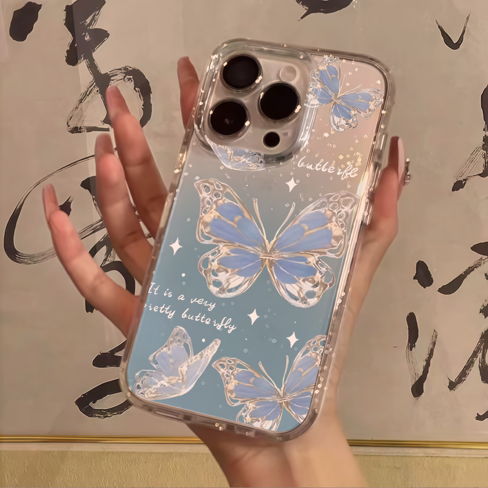 Phone Cases Transparent - Luxury Blue Butterfly Clear Glitter Phone