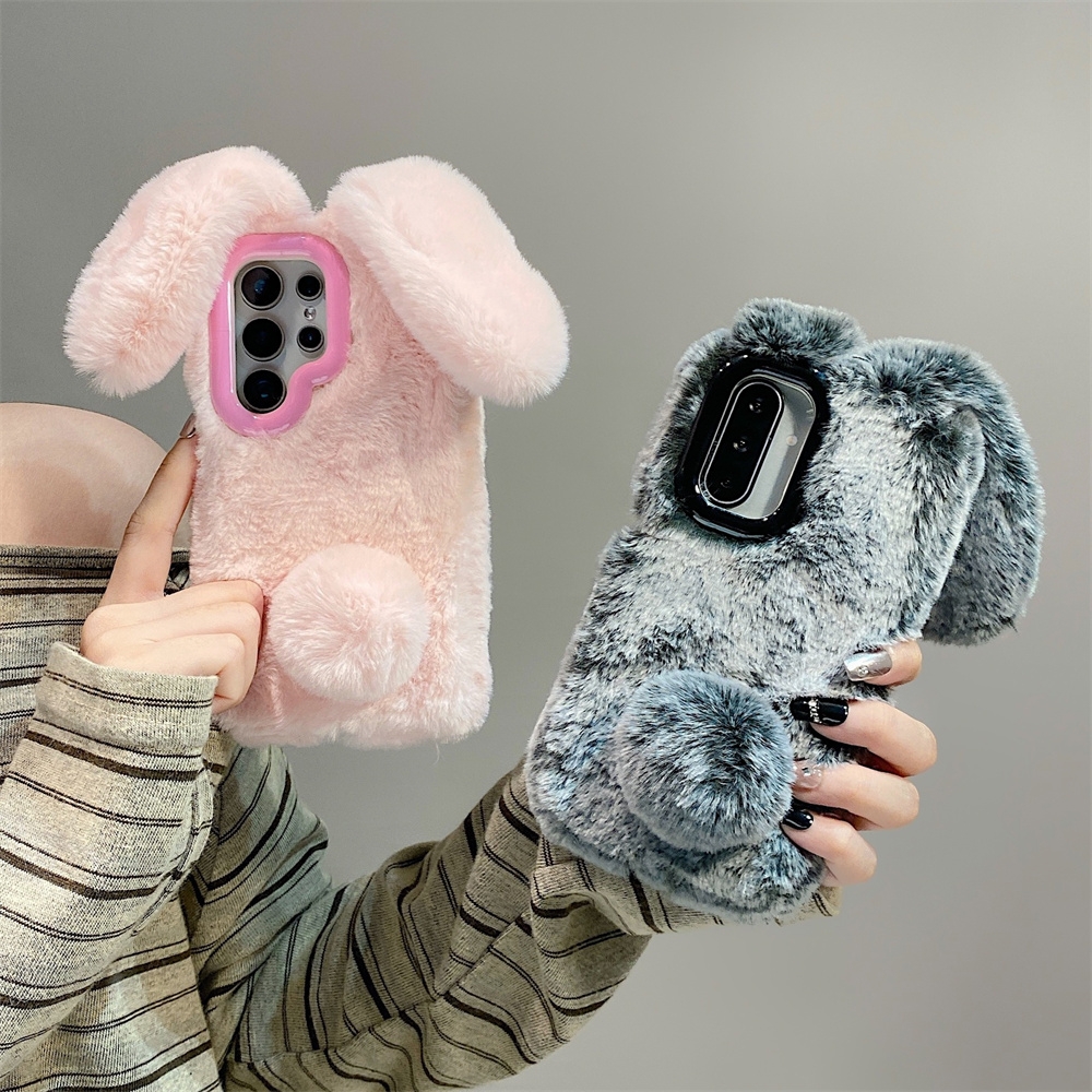 Phone Cases With Camera Cover - Cute Rabbit Ears Fluffy Stand Phone